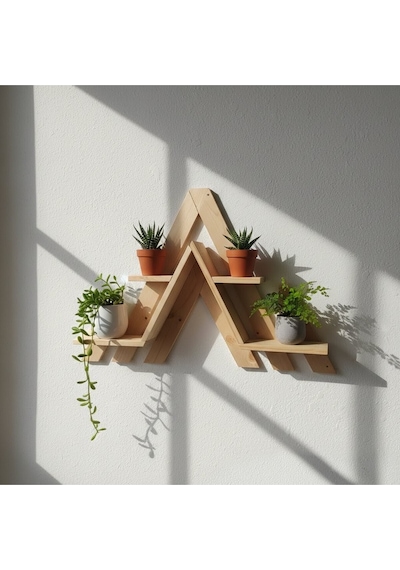 Deconcept Doğal Ahşap Üçgen Dağ Figürlü Duvar Rafı - 4 Bölmeli Saksılık Kitaplık Çiçeklik 60x50 Cm Bej