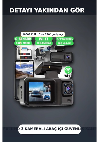 1080p Full Hd 3 Kameralı Wi-fi Araç İçi Yol Kayıt Kamerası Seti 170 Derece Park Modlu