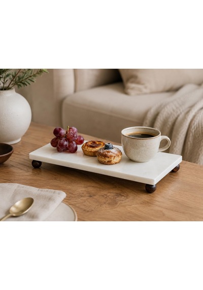 Beyaz Mermer Ahşap Ayaklı Sunum Tepsisi 15x30 Cm Dekoratif Lüks Sofra Servis Tepsisi