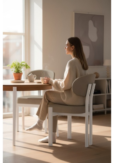 Canisa Dore Serisi 6 Adet Cappucino Babyface Kumaş Beyaz Metal İskeletli Mutfak Sandalyesi Cappucino Sandalye Beyaz Ayak