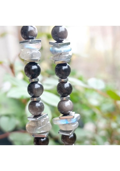 Sibelce 2223 Hypersthene Gümüş Obsidyen Labradorit El Yapımı Kolye Çok Renkli