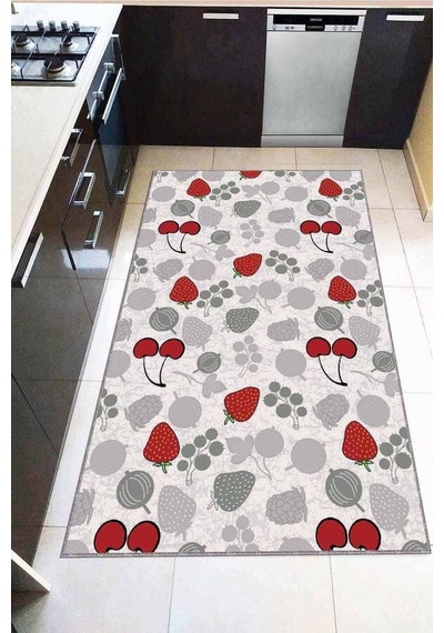 Kırmızı Kaymaz Taban Yıkanabilen Meyveli Mutfak Halısı Mt03n11