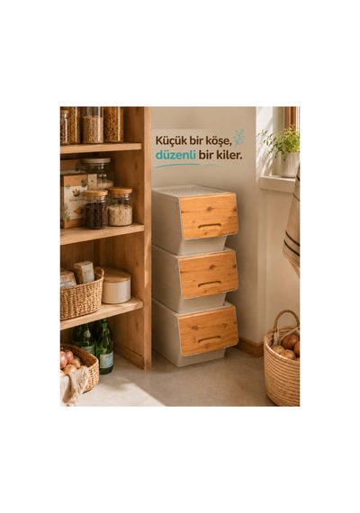 3 Katlı Tekerlekli Kapaklı Saklama Kutusu, Eşya Ve Erzak Organizer 3x12 Litre Bambu Bej Bej