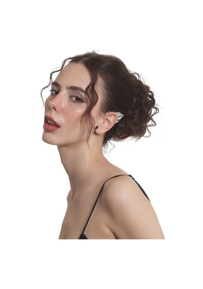 Kadın Gümüş Renk Lak Kaplama Taşlı Yaprak Stilizesi Sol Kulak Earcuff & Kıkırdak Küpe Çok Renkli