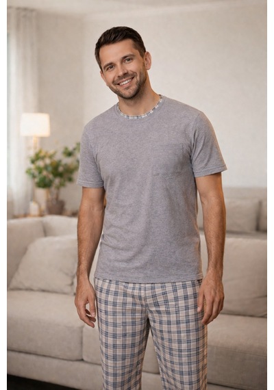 Rindahomewear Gri Melanj Kısa Kol Baba-oğul Cepli Pijama Takım Gri Melanj-80502