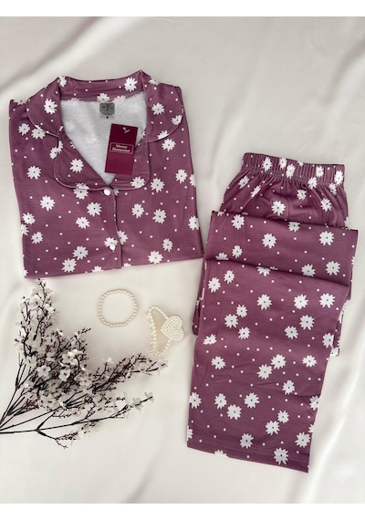 Mh Moony Homewears 2'li Porpelim Çiçekli Penye Pijama Takımı Mor