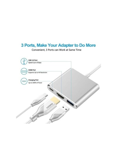 Uyumlu Usb Type-C Bilgisayar, Laptop, Notebook Için 3In1 Çevirici