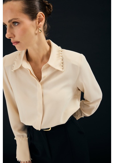 Sateen İşlemeli Gömlek - Bej-137333