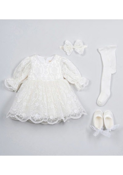 Pugi Baby Kız Bebek Şık Dantelli Mevlüt / Özel Gün Elbisesi Ekru