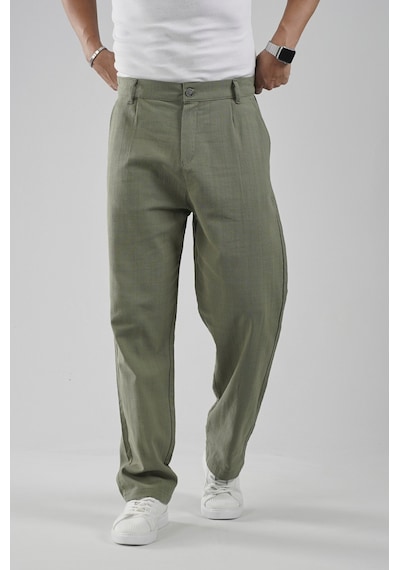 Baggy Fit Kalıp Pamuklu Keten Pantolon Haki