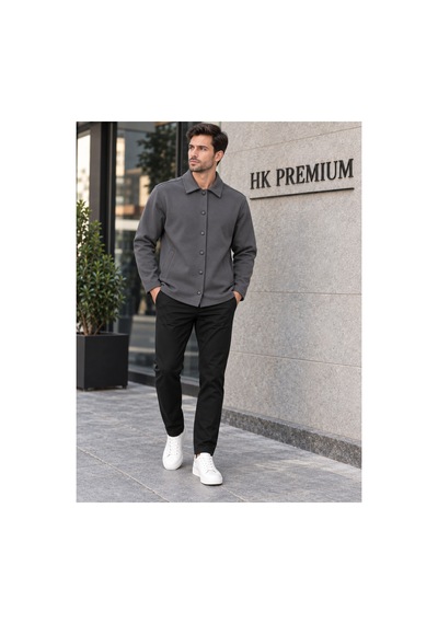 Hk Premium Erkek Gri Double Face Pike Gömlek Ceket Regular Fit, Çıtçıtlı, Uzun Kollu, Smart Casual Hk Premium Erkek Gri Double Face Pike Gömlek Ceket Regular Fit, Çıtçıtlı, Uzun Kollu, Smart Casual