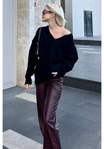 Madmext Siyah Oversize V Yaka Triko Kazak Mg1440 Siyah