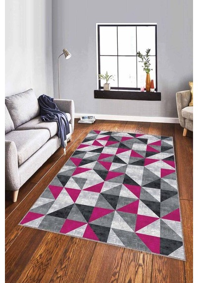 Fuşya Geometrik Kaymaz Taban Makinede Yıkanabilir Halı Pr02n11