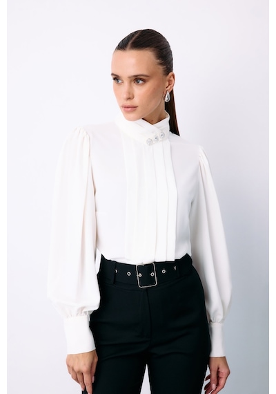 Sateen Nervür Detaylı Bluz - Ekru-135423 Ekru