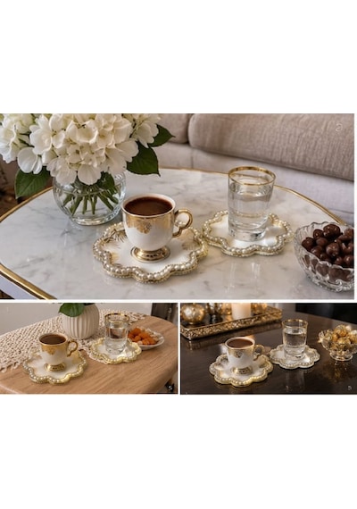 Kahve Sunum Pedi El Yapımı İnci Ve Gold Detaylı 15x15 Ölcü 5 Adet