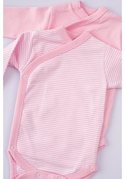 Uygun Bebe 2'li %100 Pamuk Uzun Kollu Kruvaze Bebek Çıtçıtlı Body Zıbın Pembe-pembe Pembe