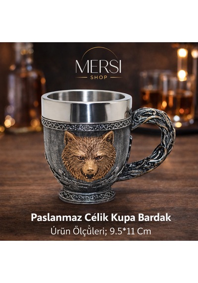 Mitolojik Ayı Figürlü 3d Kabartmalı Paslanmaz Çelik Kupa Bardak Dekoratif Viking Tarzı Kupa Gri - Gümüş