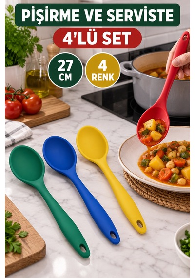 4'lü Set Kırmızı Sarı Mavi Yeşil, Büyük Boy Silikon Kaşık Seti 27 Cm, Yemek Pişirme Ve Servis Kaşığı