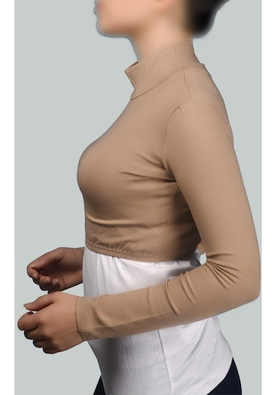 Altobeh Uzun Kol Balıkçı Yaka Boğazlı Likralı Penye Kadın Yarım Body Koyu Bej Antrasit
