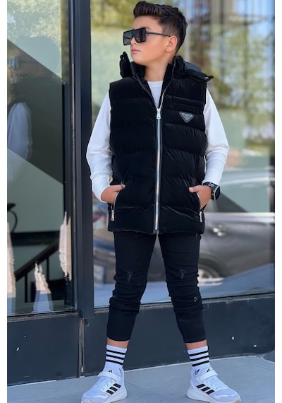 Pina Kids Erkek Çocuk Çıtçıt Kapüşonlu Nova Kumaş Şişme Yelek Ylk3026 Siyah