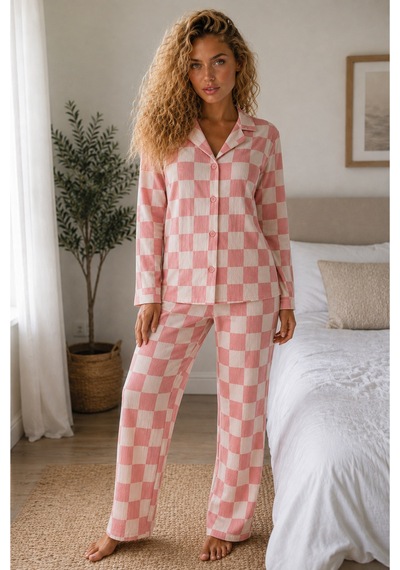 Kadın Örme Gömlek Yaka Pembe Pijama Takımı