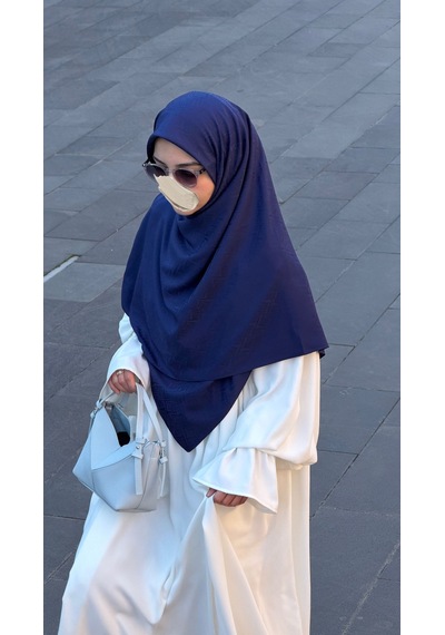 Qalortex Scarf Premium Jakarlı Sare Büyük Boy Eşarp - Lacivert