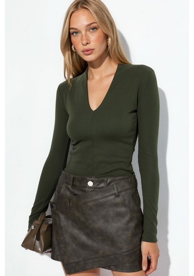 Hiccup Busem Slim Fit V Yaka Uzun Kollu Bluz Zeytin Yeşili