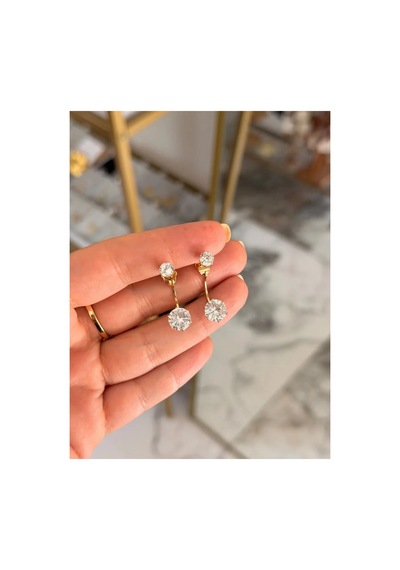 Tek Taş Model Gold Detaylı Tasarım Küpe Altın