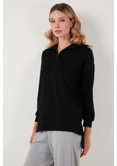 Lela Regular Fit Fermuarlı Yaka Önü Kısa Arkası Uzun Bayan Sweat 5865876 Siyah