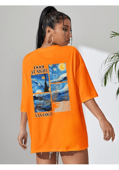 Uyguntarz Unisex Van Gogh Baskılı Oversize Tshirt Turuncu