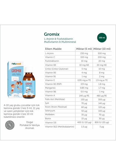 Gromix L-arjinin Fosfotidilserin Multivitamin Şurup 150ml 2 Li Paket