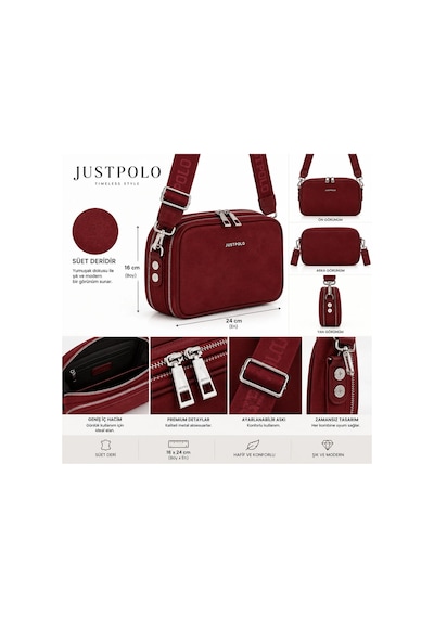 Bordo Just Polo Ithal Suet Deri Orta Boy Kadin Capraz Omuz Cantasi Postaci Cantasi
