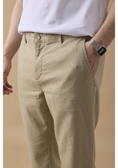 Braccas Erkek Haki Slim Fit Keten Karışımlı Çizgili Pantolon Haki