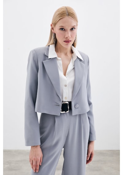 Sateen Kısa Krep Ceket - Gri-135614 Gri