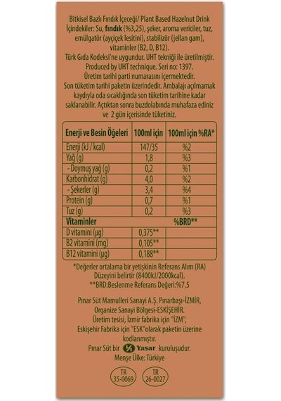Pınar Nature Blend Bitkisel Bazlı Fındık İçeceği 1 Lt X 6 Adet