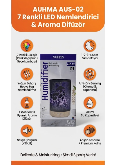 Auhma Humidifier Zaman Ayarlayıcılı 7 Farklı Led Işıklı Buharlı Hava Temizleyici Altın