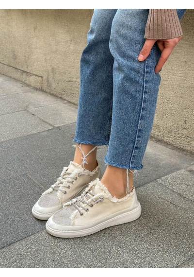 Erva'nın Butiği Bej Keten Jule Taş Bağcıklı Kadın Sneakers-5787