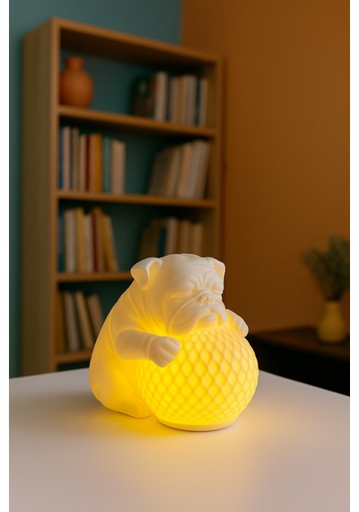 Bulldog Tasarımlı 3d Dekoratif Masa Lambası, Estetik Çocuk Odası Gece Lambası, Tealight 25 X 25 Cm Beyaz