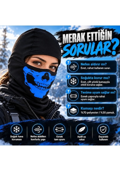 Genel Unisex Mavi Kurukafa Desenli Balaklava Kar Maskesi Siyah Tam Kafa Motorcu Boyun Siyah / Standart