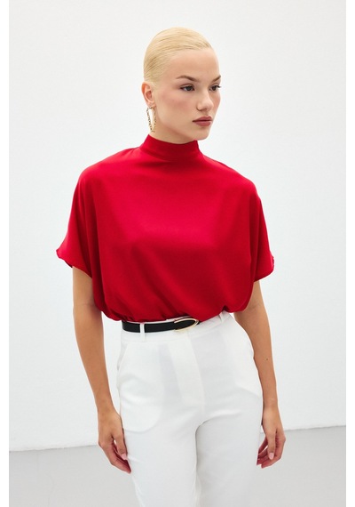 Sateen Yarasa Kol Salaş Bluz - Kırmızı-136188 Kırmızı