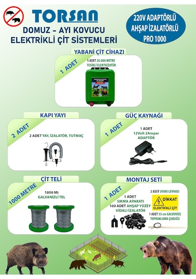 Torsan 220v Adaptörlü Pro 1000 Elektrikli Çit Sistemi Domuz - Ayı Kovucu 1000mt