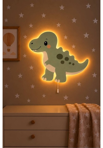 Ahşap Dinozor Gece Lambası Yıldız Hediyeli Pilli Ledli Bebek Çocuk Odası-dino2 Yeşil