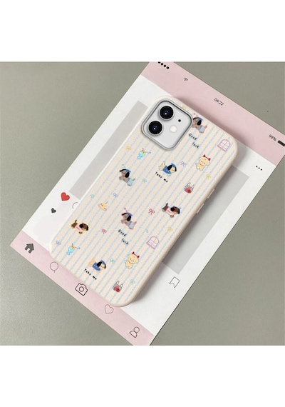 Apple  iPhone 11 Uyumlu Beyaz Deri Dokulu Silikon Kamerayı Korur Şok Emici Çizgi Film Köpek Desenli Kılıf