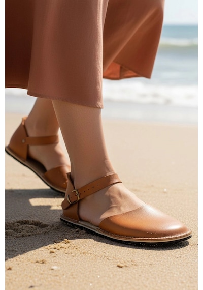 Bodhi Handcraft Kadın Barefoot Hakiki Deri Minimalist Günlük Sandalet El İmalatı Taba