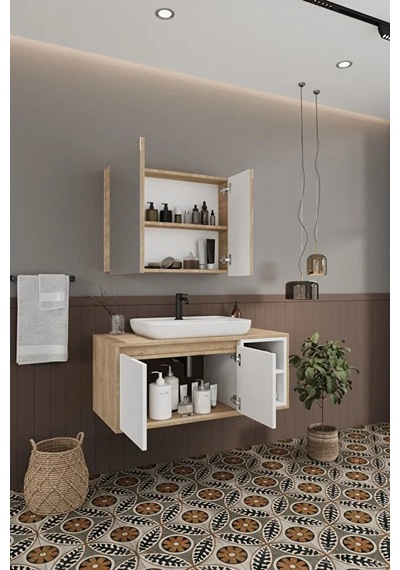 Lale Beyaz 100 Cm %100 Mdf Lavabolu Banyo Dolabı + Aynalı Dolap Beyaz Meşe Lale Beyaz 100 Cm %100 Mdf Lavabolu Banyo Dolabı + Aynalı Dolap Beyaz Meşe