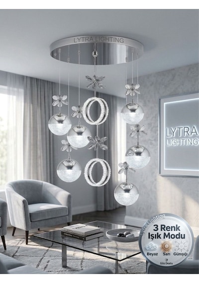 Luxe Model 8'li Gümüş 3 Renk Modu Ledli Kristal Taşlı Modern Salon Mutfak Oturma Odası Led Avize Gümüş