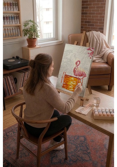 Sayılarla Boyama Seti 40 X 50 Cm Tuval Şasesine Gerili Flamingo Ailesi
