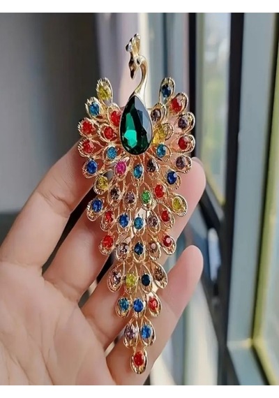Renkli Taşlı Tavuskuşu Broş Çok Renkli