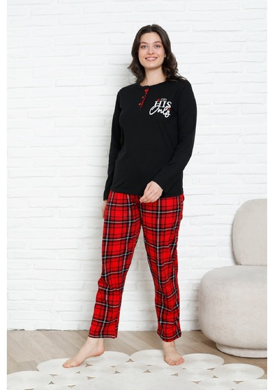 Enisena Kadın Pijama Takımı - Ekose Altlı- Eş Versiyonlu -12581 Siyah