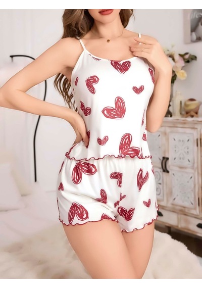 Kadın Beyaz Kalp Desenli Şortlu Gecelik Pijama Takımı 5052 Beden: S/m, Renk: Beyaz